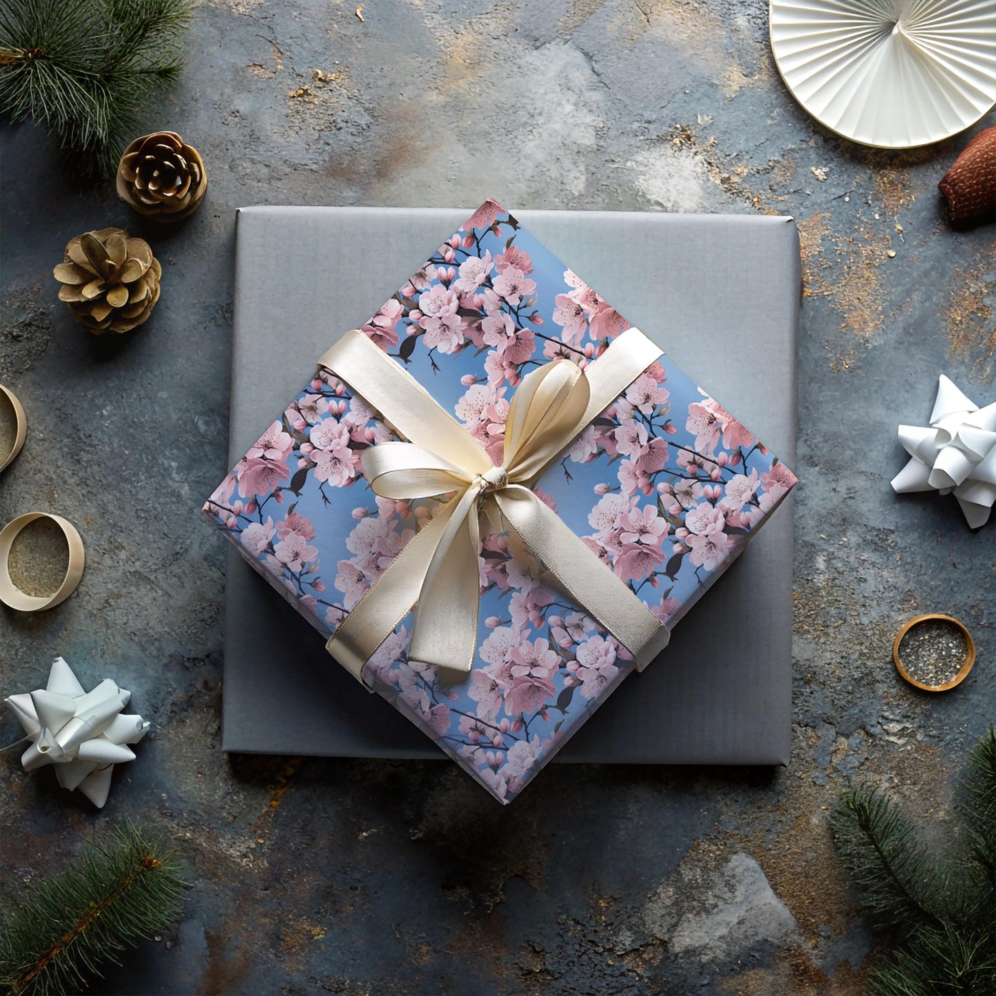 Cherry Blossom Wrapping Paper – Soft Floral Gift Wrap, Spring Sakura Design, Pastel Blue Background, Satin or Matte