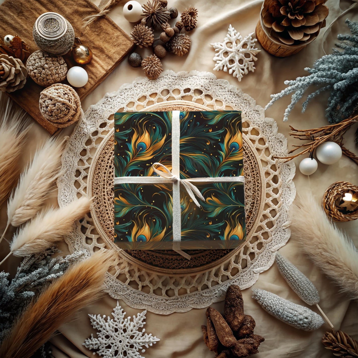 Elegant Peacock Feather Wrapping Paper – Luxurious Gift Wrap, Art Nouveau Inspired, Satin or Matte Finish