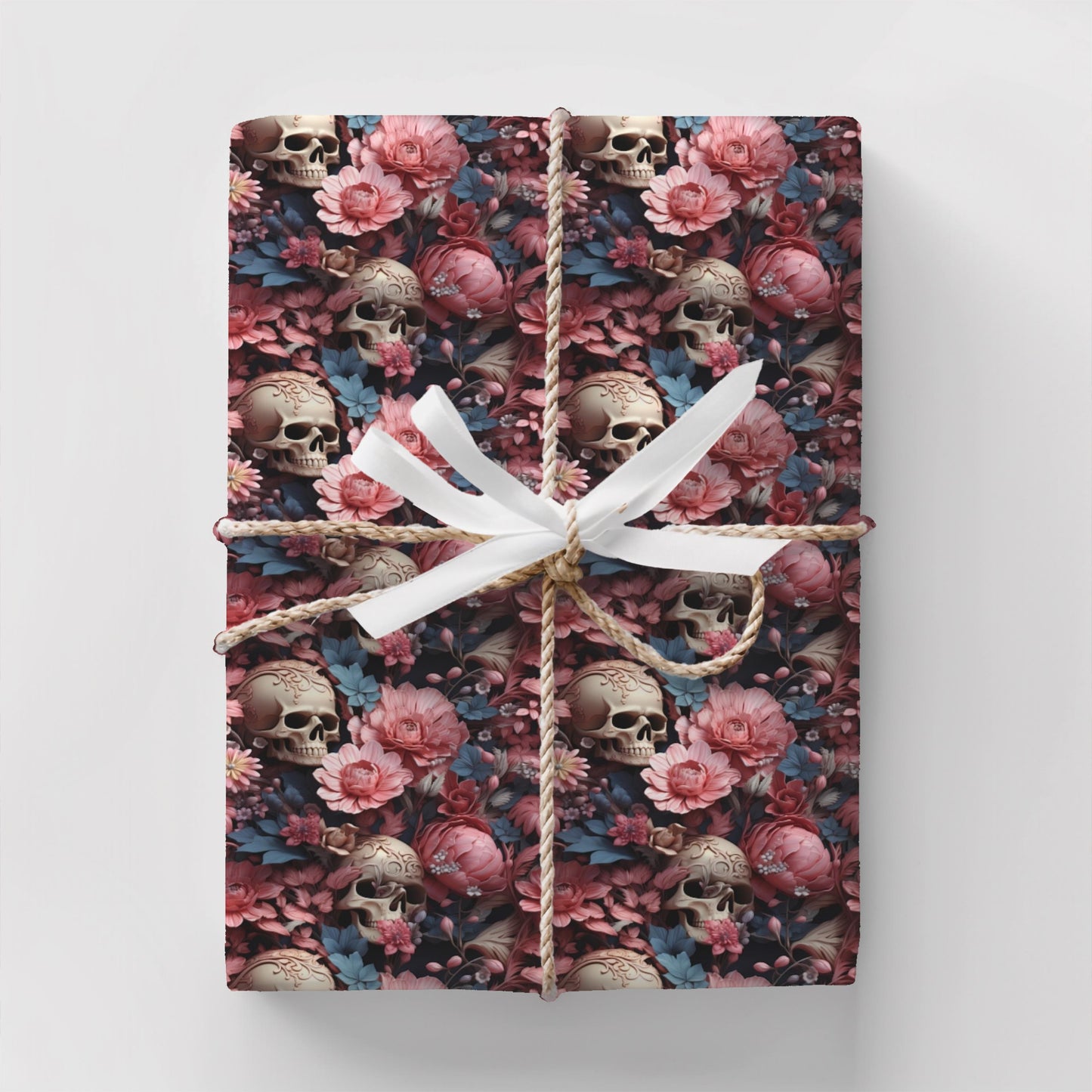 Floral Skull Wrapping Paper – Romantic Gothic Gift Wrap, Vintage Roses & Skulls Design, Satin or Matte Finish