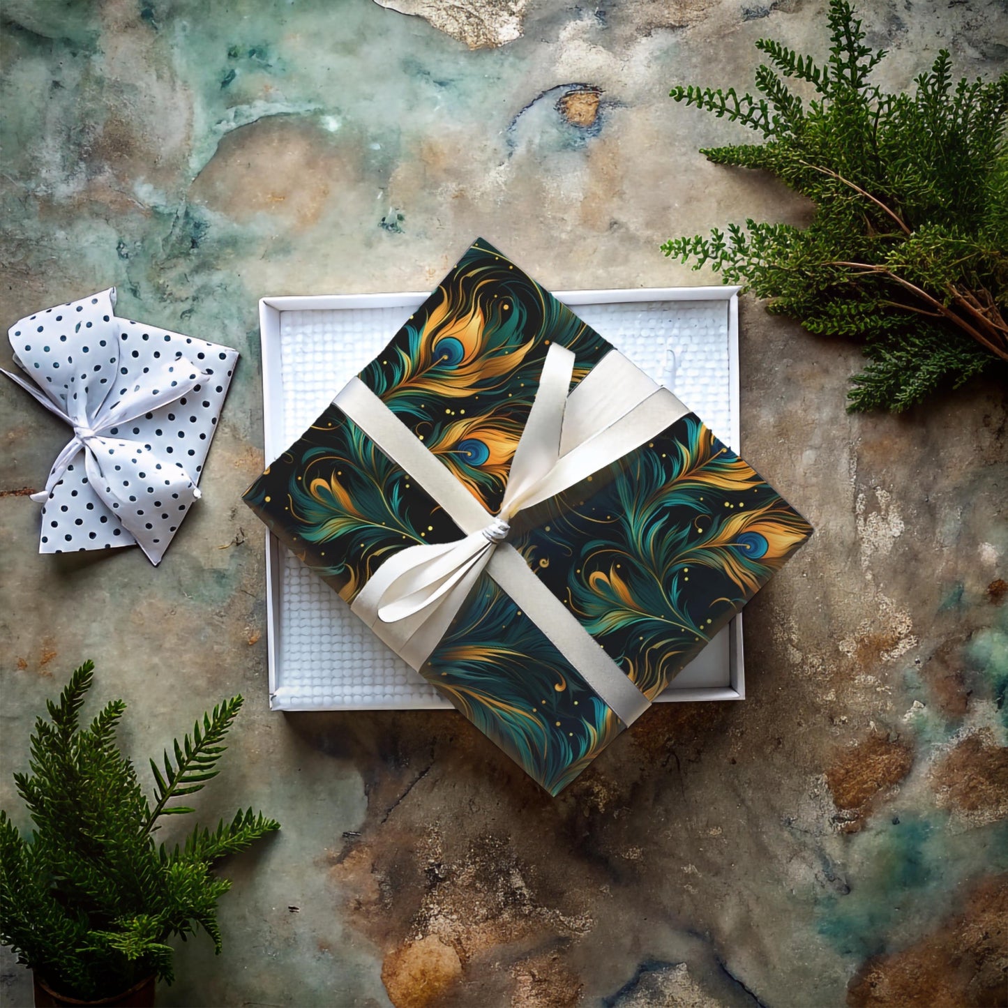 Elegant Peacock Feather Wrapping Paper – Luxurious Gift Wrap, Art Nouveau Inspired, Satin or Matte Finish