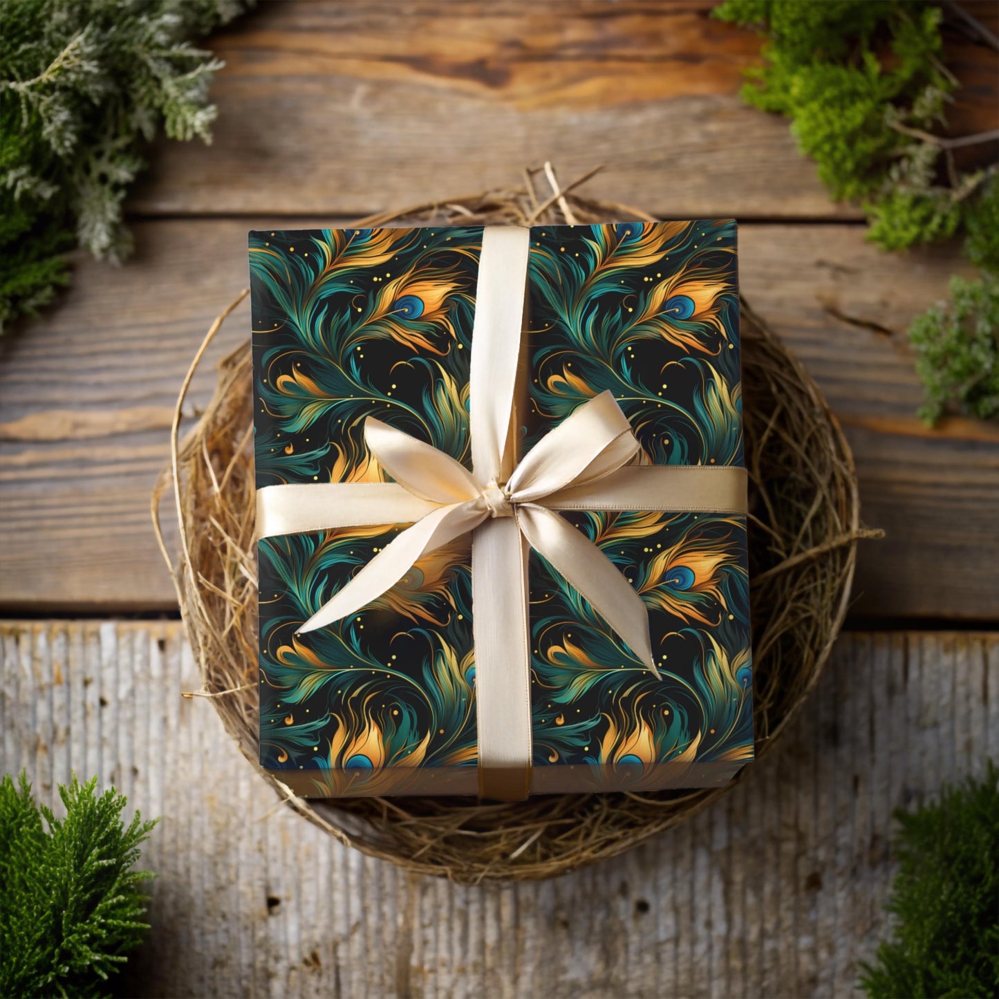 Elegant Peacock Feather Wrapping Paper – Luxurious Gift Wrap, Art Nouveau Inspired, Satin or Matte Finish