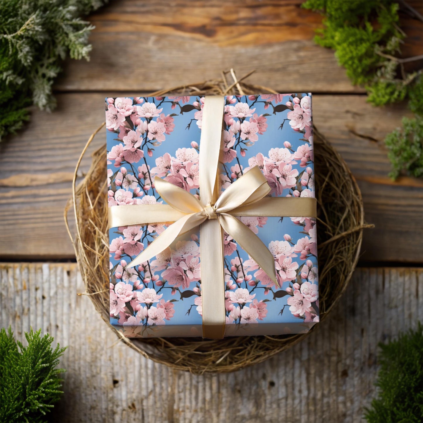 Cherry Blossom Wrapping Paper – Soft Floral Gift Wrap, Spring Sakura Design, Pastel Blue Background, Satin or Matte
