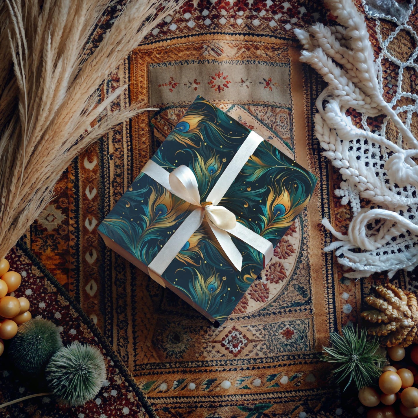 Elegant Peacock Feather Wrapping Paper – Luxurious Gift Wrap, Art Nouveau Inspired, Satin or Matte Finish