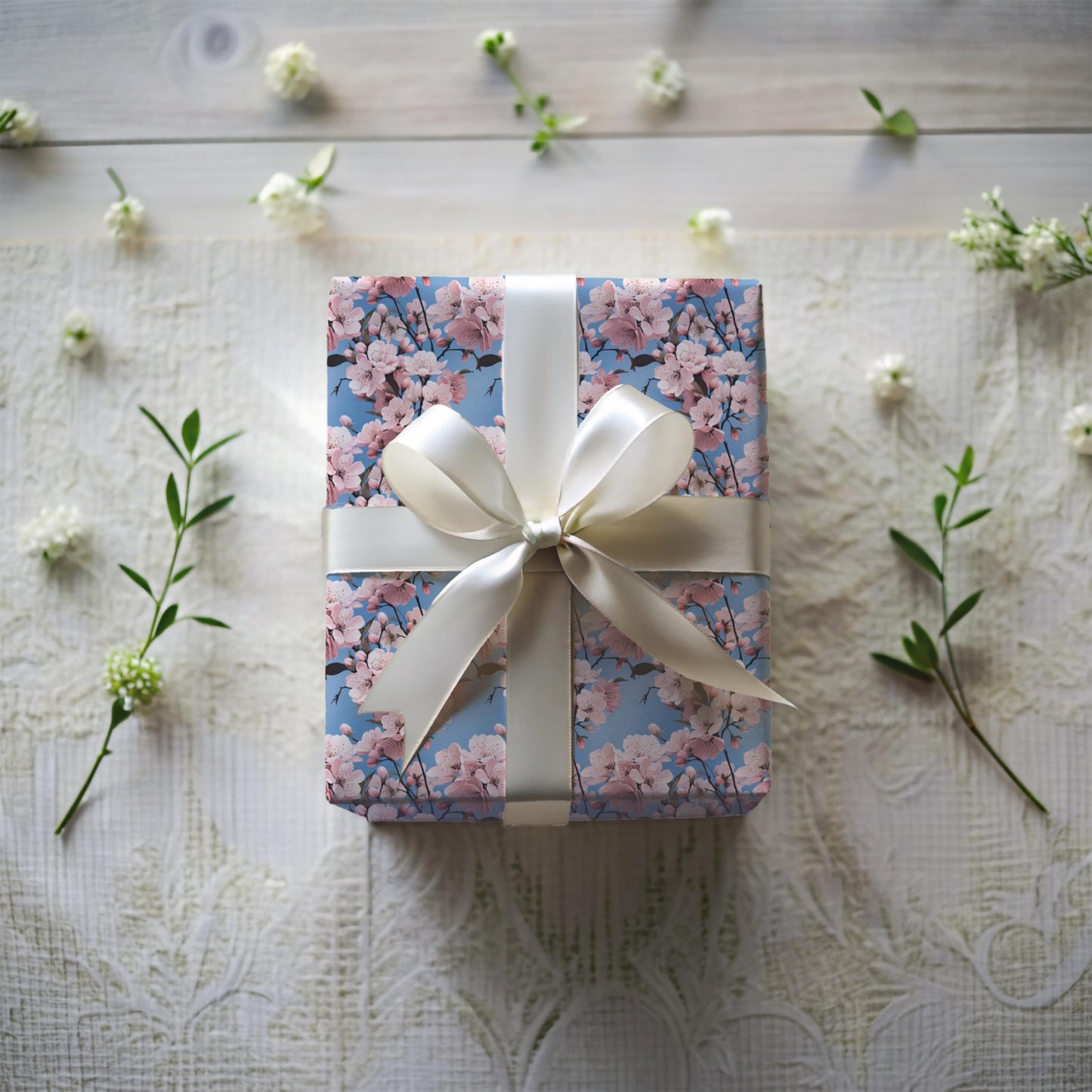 Cherry Blossom Wrapping Paper – Soft Floral Gift Wrap, Spring Sakura Design, Pastel Blue Background, Satin or Matte