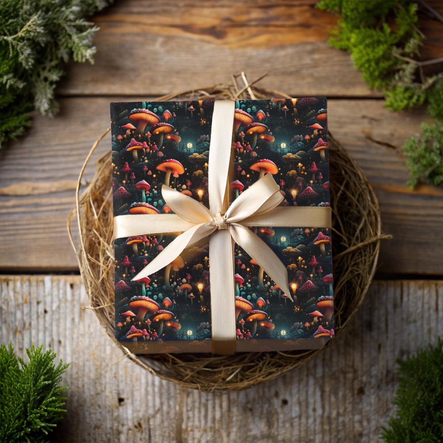 Enchanted Mushroom Wrapping Paper – Fantasy Forest Gift Wrap, Mystical Fungi Design, Available in Satin or Matte