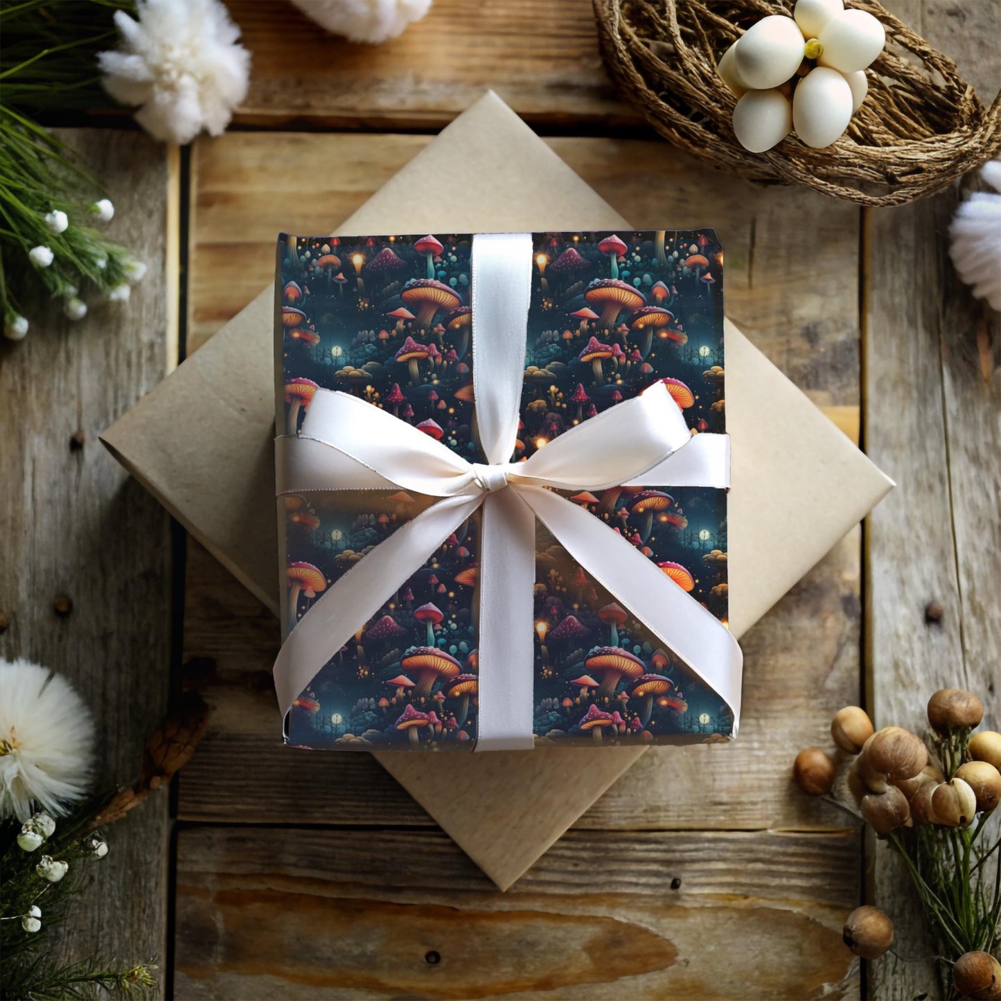 Enchanted Mushroom Wrapping Paper – Fantasy Forest Gift Wrap, Mystical Fungi Design, Available in Satin or Matte
