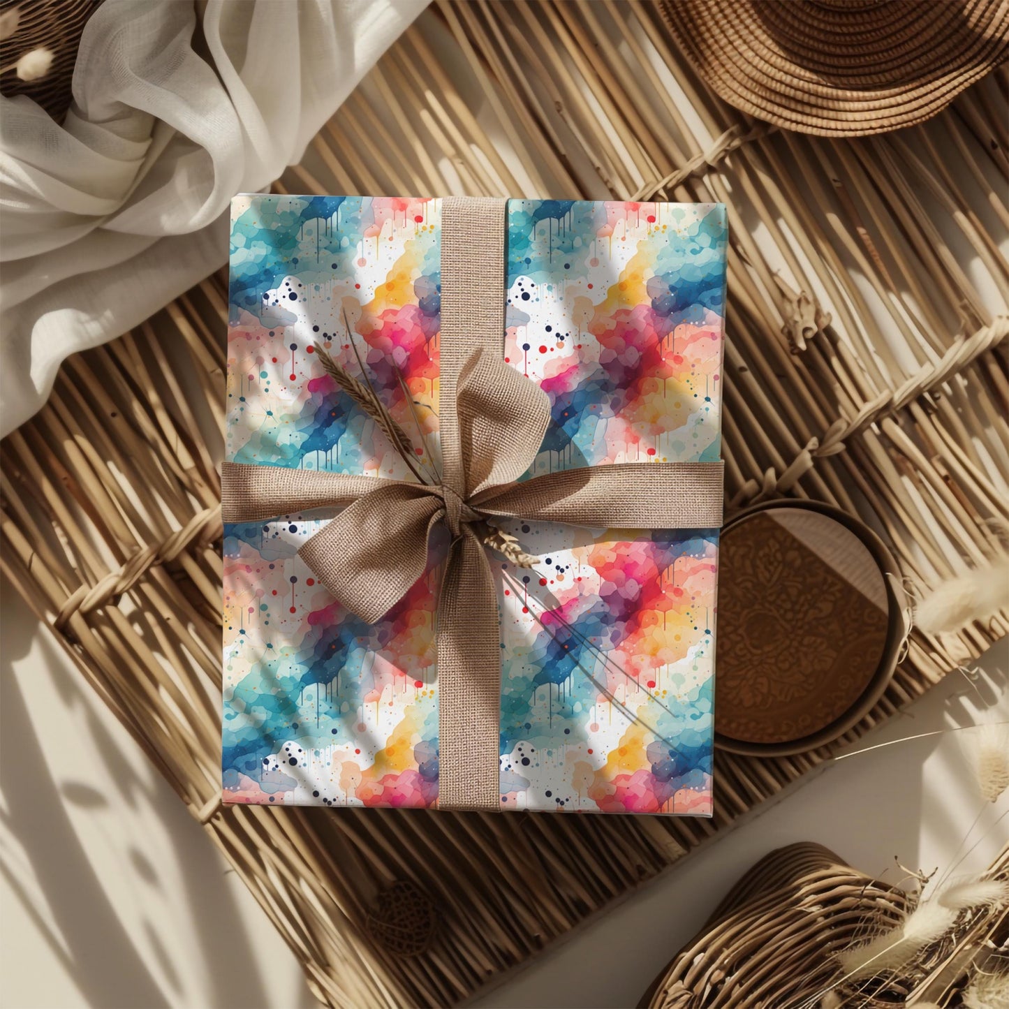 Watercolor Drip Wrapping Paper – Color Splash Abstract Gift Wrap, Artsy Rainbow Ink Design, Satin or Matte Finish