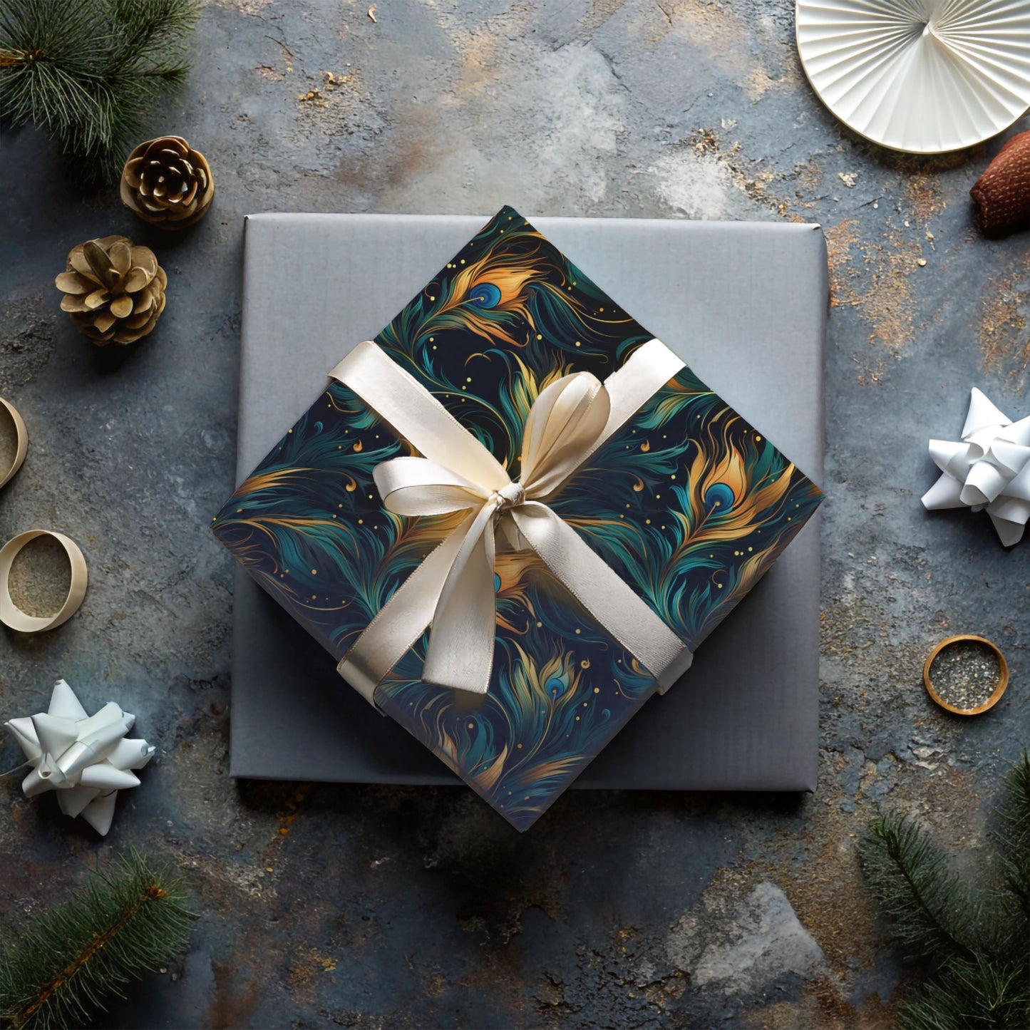 Elegant Peacock Feather Wrapping Paper – Luxurious Gift Wrap, Art Nouveau Inspired, Satin or Matte Finish