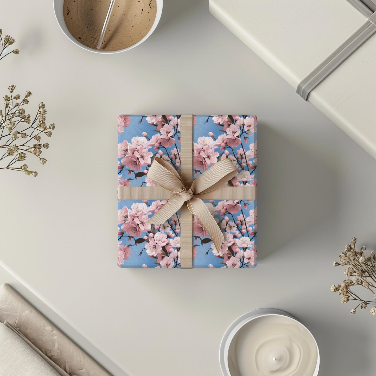 Cherry Blossom Wrapping Paper – Soft Floral Gift Wrap, Spring Sakura Design, Pastel Blue Background, Satin or Matte