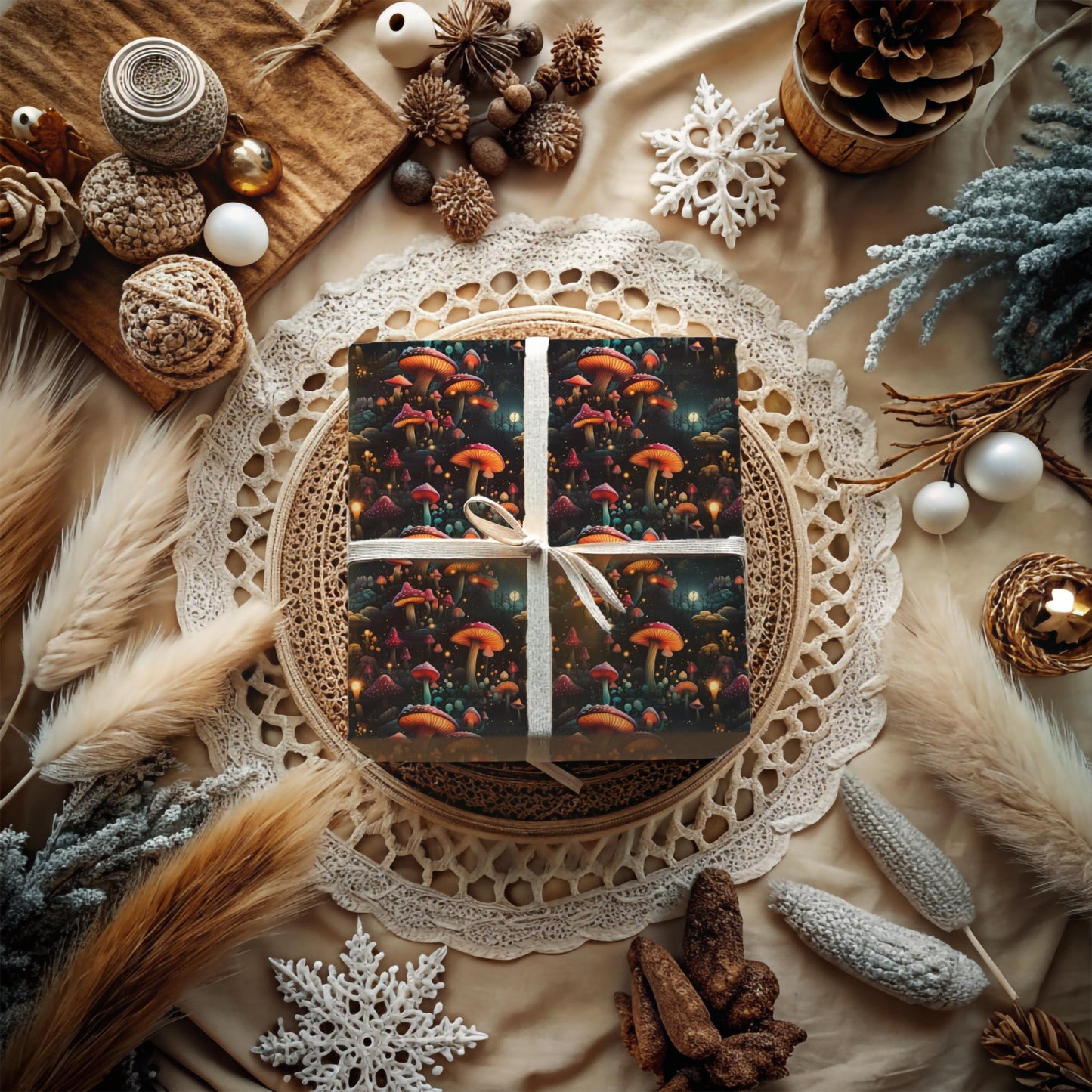 Enchanted Mushroom Wrapping Paper – Fantasy Forest Gift Wrap, Mystical Fungi Design, Available in Satin or Matte