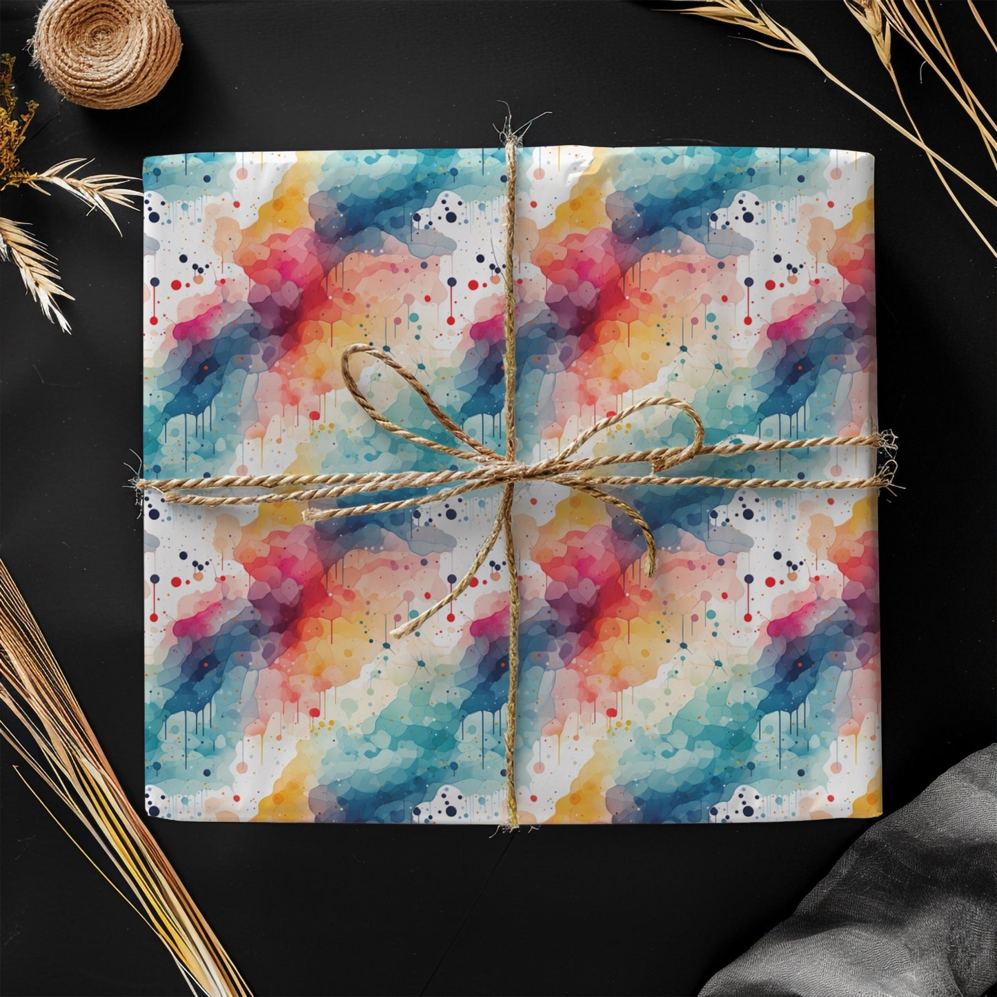 Watercolor Drip Wrapping Paper – Color Splash Abstract Gift Wrap, Artsy Rainbow Ink Design, Satin or Matte Finish
