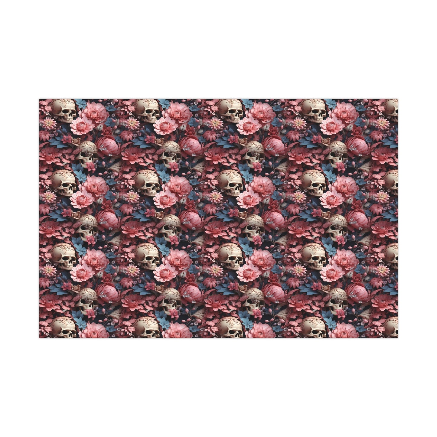 Floral Skull Wrapping Paper – Romantic Gothic Gift Wrap, Vintage Roses & Skulls Design, Satin or Matte Finish