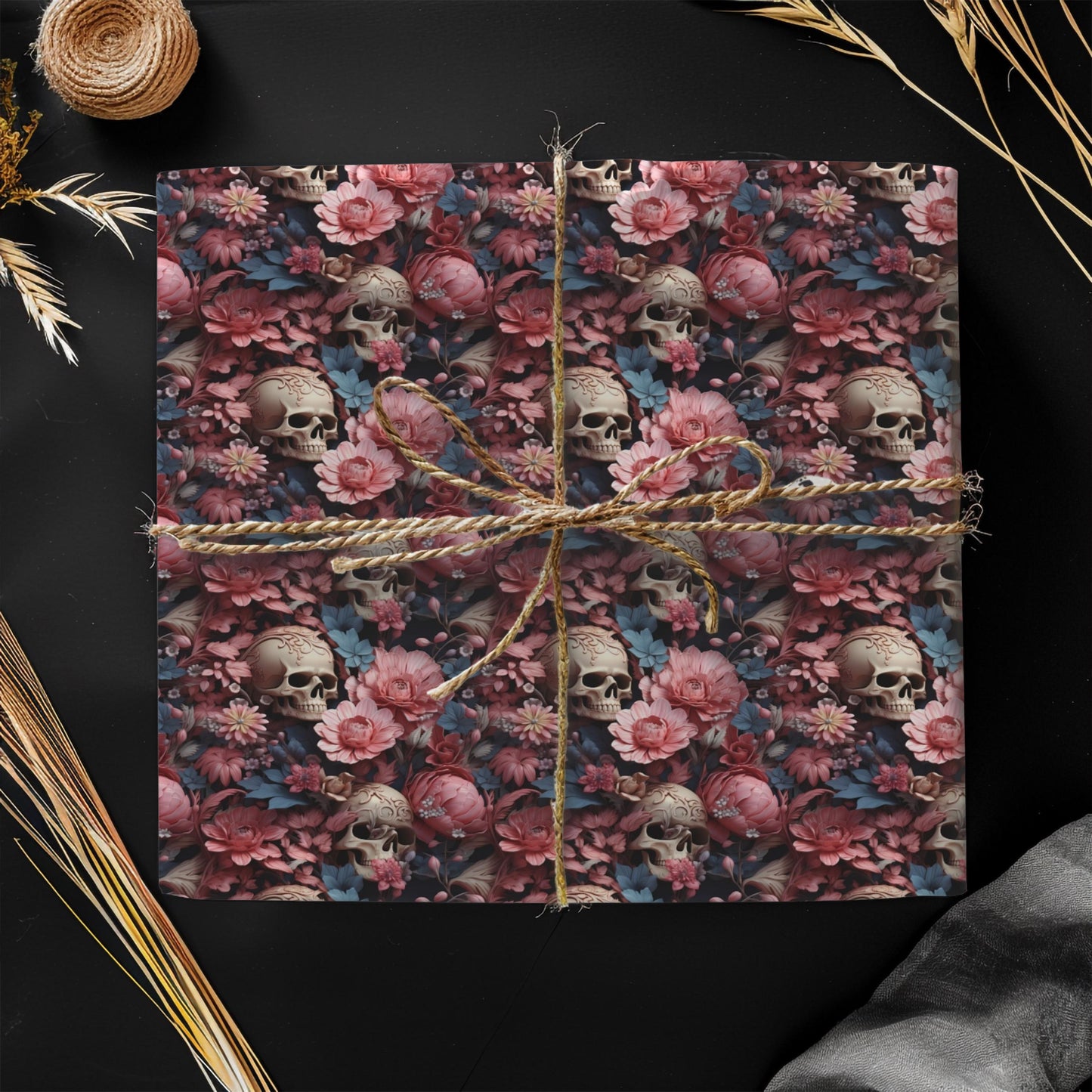 Floral Skull Wrapping Paper – Romantic Gothic Gift Wrap, Vintage Roses & Skulls Design, Satin or Matte Finish