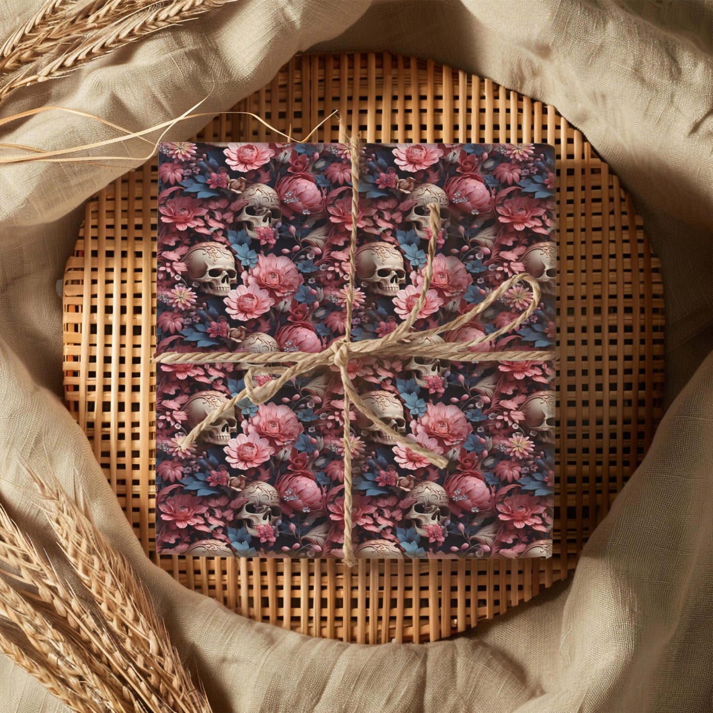 Floral Skull Wrapping Paper – Romantic Gothic Gift Wrap, Vintage Roses & Skulls Design, Satin or Matte Finish