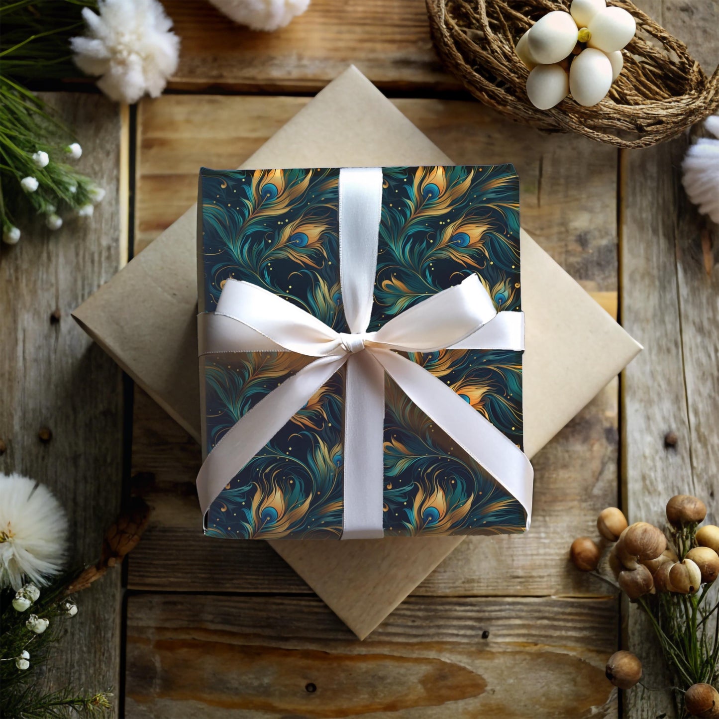 Elegant Peacock Feather Wrapping Paper – Luxurious Gift Wrap, Art Nouveau Inspired, Satin or Matte Finish