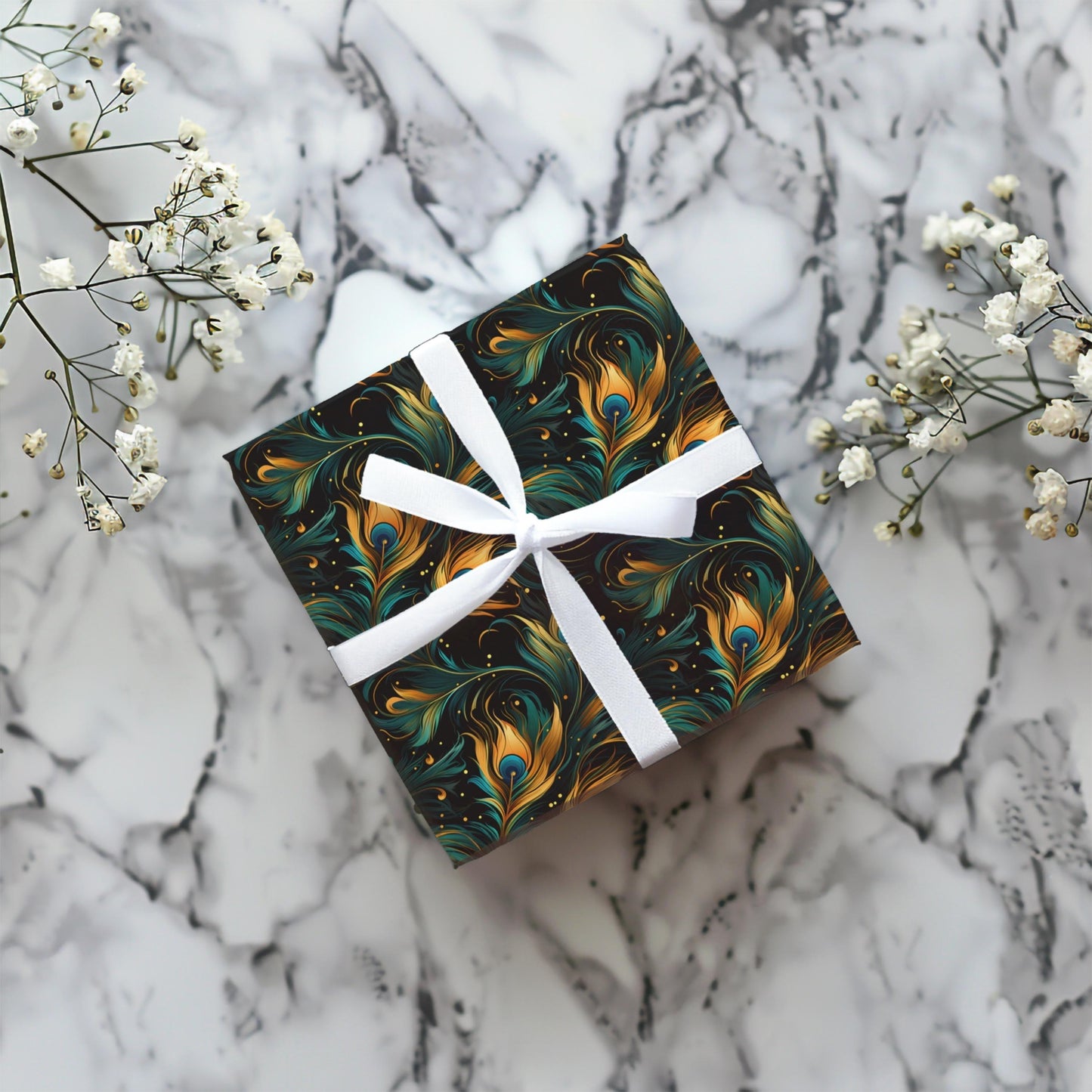 Elegant Peacock Feather Wrapping Paper – Luxurious Gift Wrap, Art Nouveau Inspired, Satin or Matte Finish