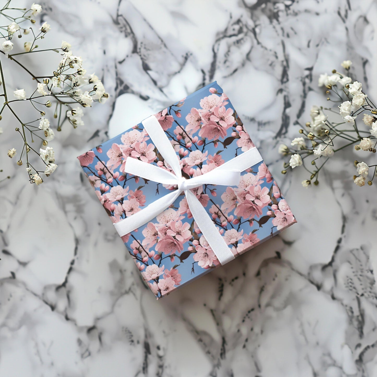 Cherry Blossom Wrapping Paper – Soft Floral Gift Wrap, Spring Sakura Design, Pastel Blue Background, Satin or Matte