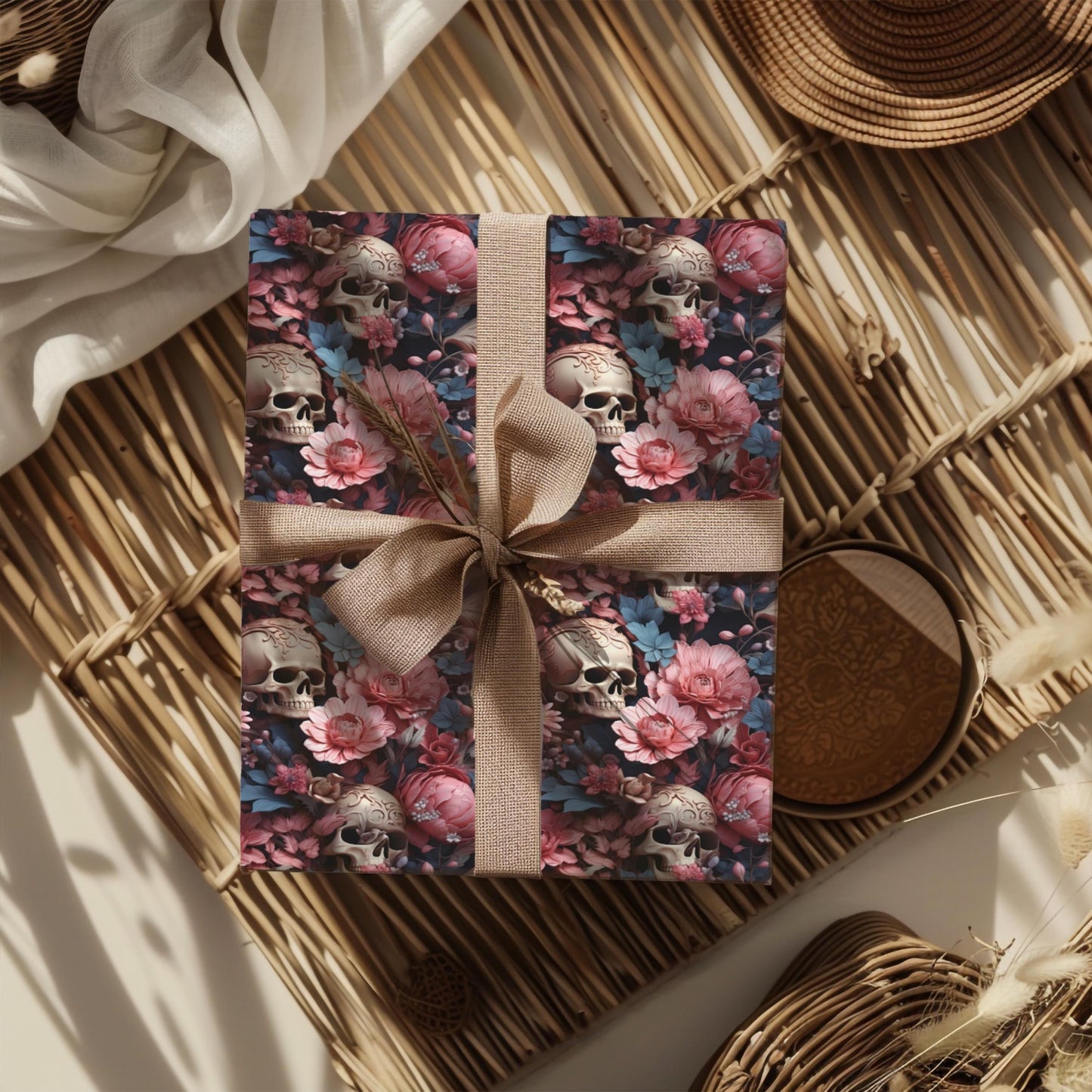 Floral Skull Wrapping Paper – Romantic Gothic Gift Wrap, Vintage Roses & Skulls Design, Satin or Matte Finish