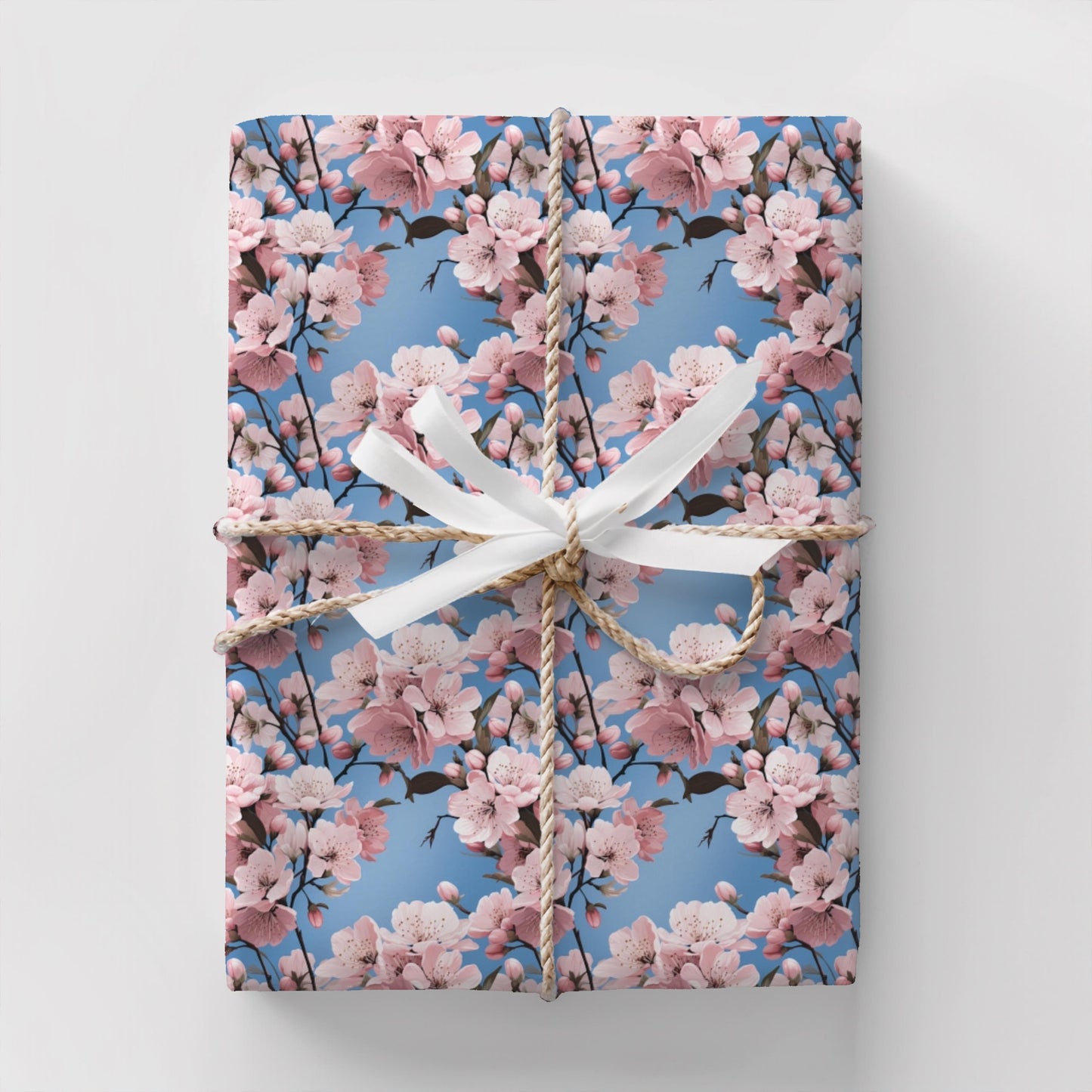 Cherry Blossom Wrapping Paper – Soft Floral Gift Wrap, Spring Sakura Design, Pastel Blue Background, Satin or Matte