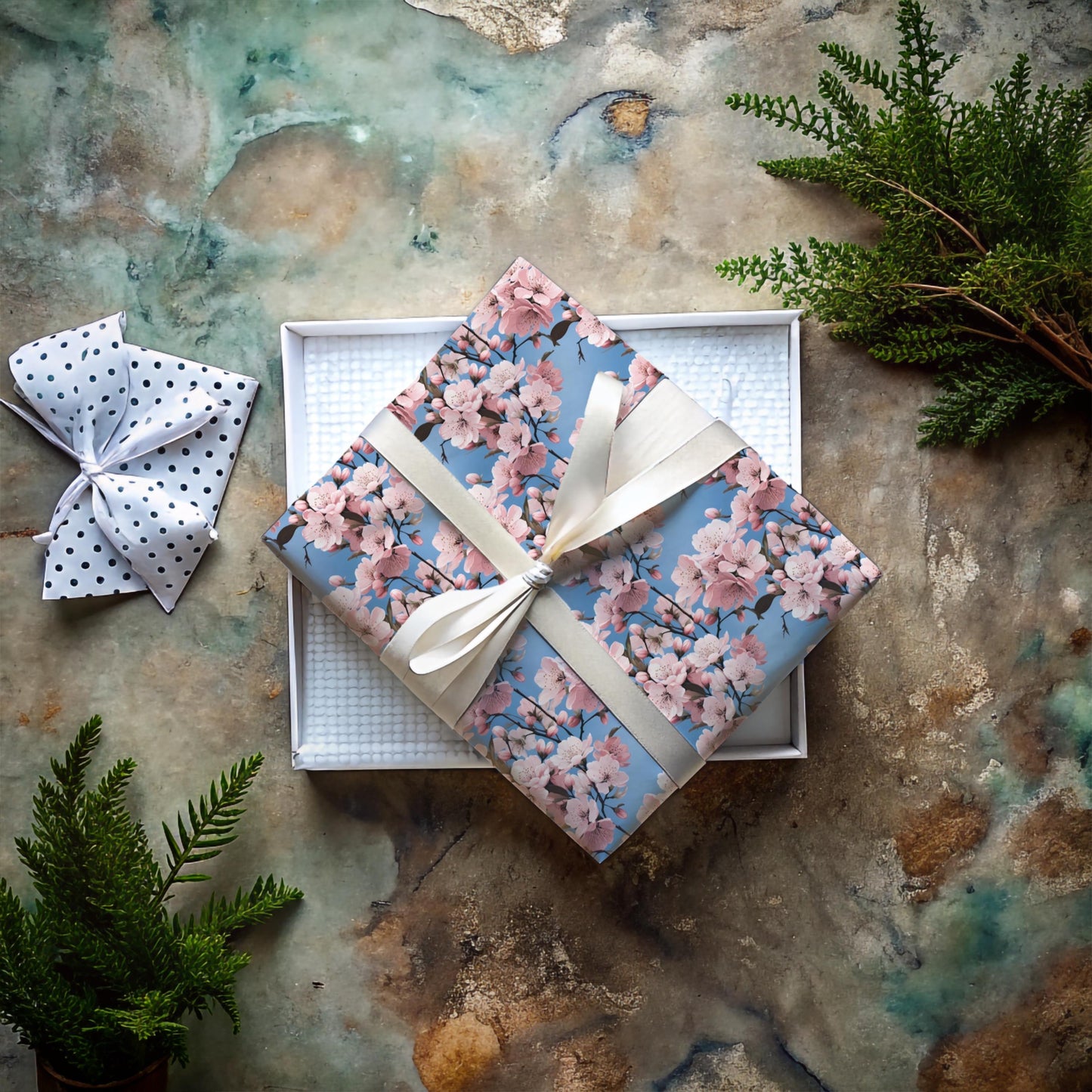 Cherry Blossom Wrapping Paper – Soft Floral Gift Wrap, Spring Sakura Design, Pastel Blue Background, Satin or Matte