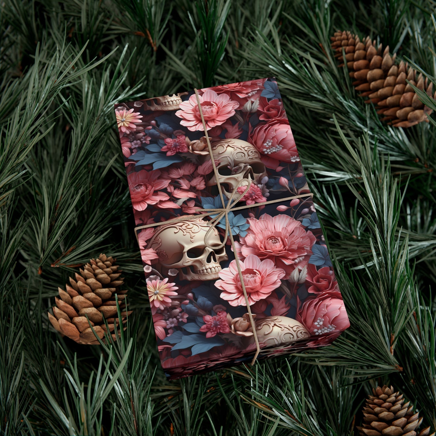 Skulls and Pink Flowers Unique Wrapping Paper Pattern, Day of the Dead Design Gift Wrap, Satin and Matte Finishes, Multiple Sizes Options