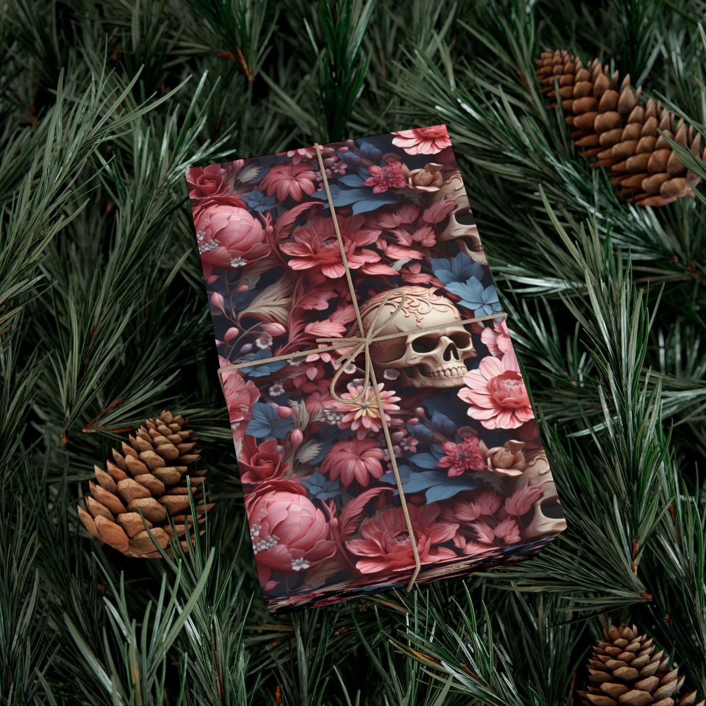 Skulls and Pink Flowers Unique Wrapping Paper Pattern, Day of the Dead Design Gift Wrap, Satin and Matte Finishes, Multiple Sizes Options