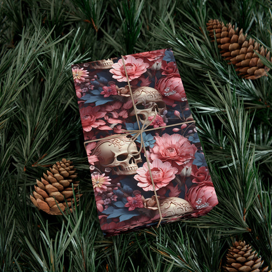 Skulls and Pink Flowers Unique Wrapping Paper Pattern, Day of the Dead Design Gift Wrap, Satin and Matte Finishes, Multiple Sizes Options