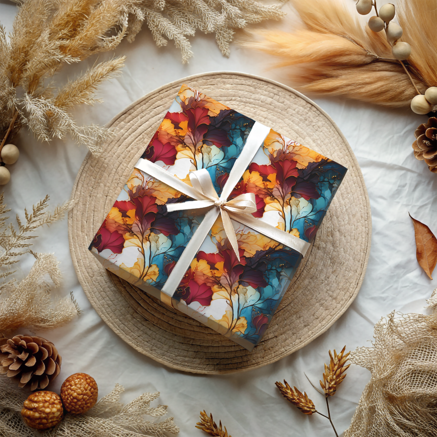 Red Teal and Gold Floral Wrapping Paper