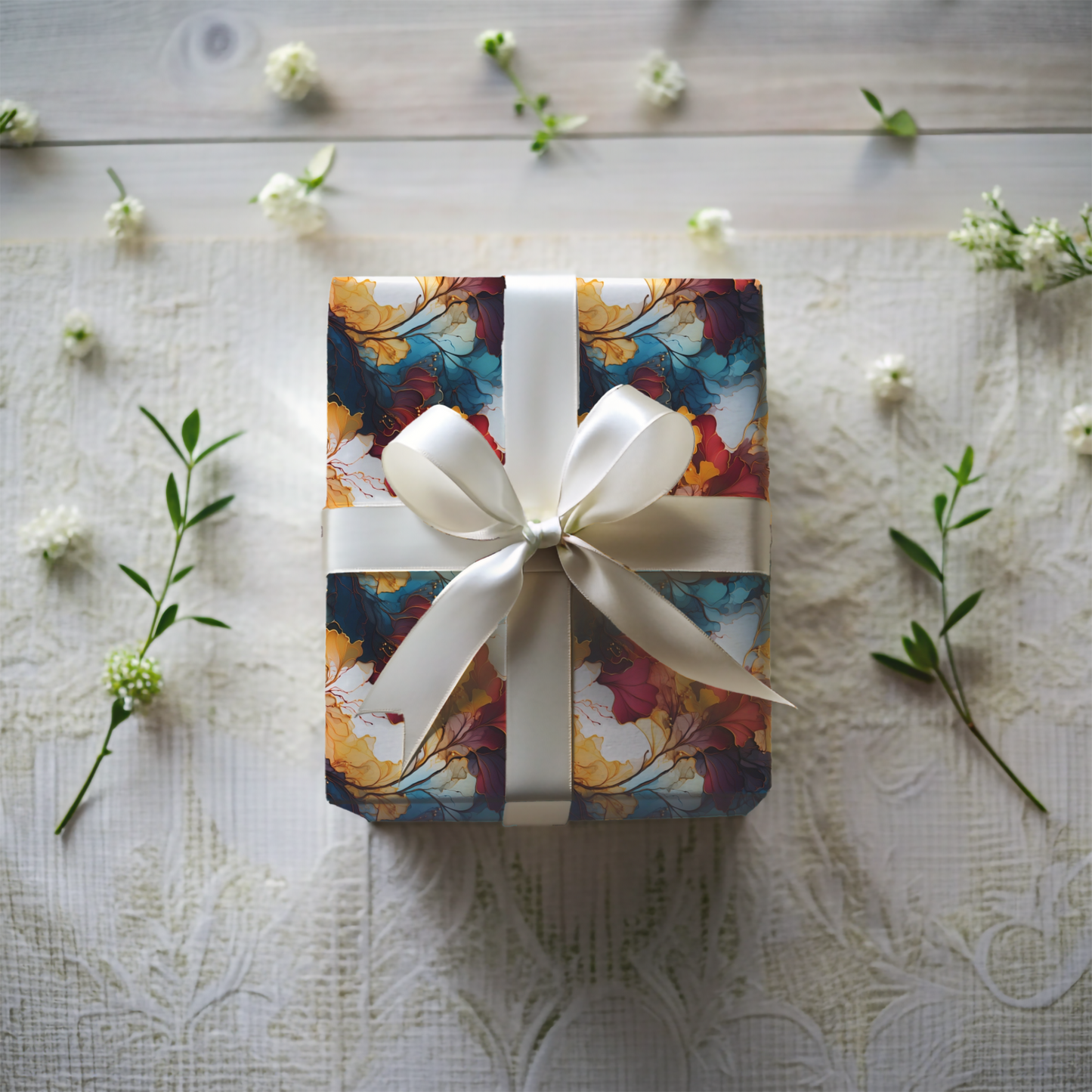 Red Teal and Gold Floral Wrapping Paper