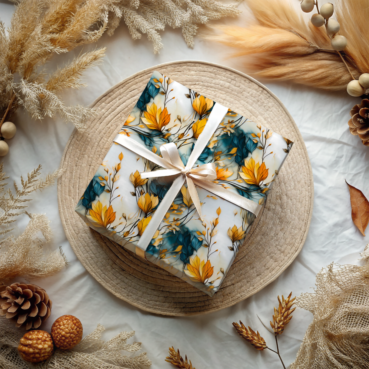 Yellow Teal and White Floral Gift Wrap Paper