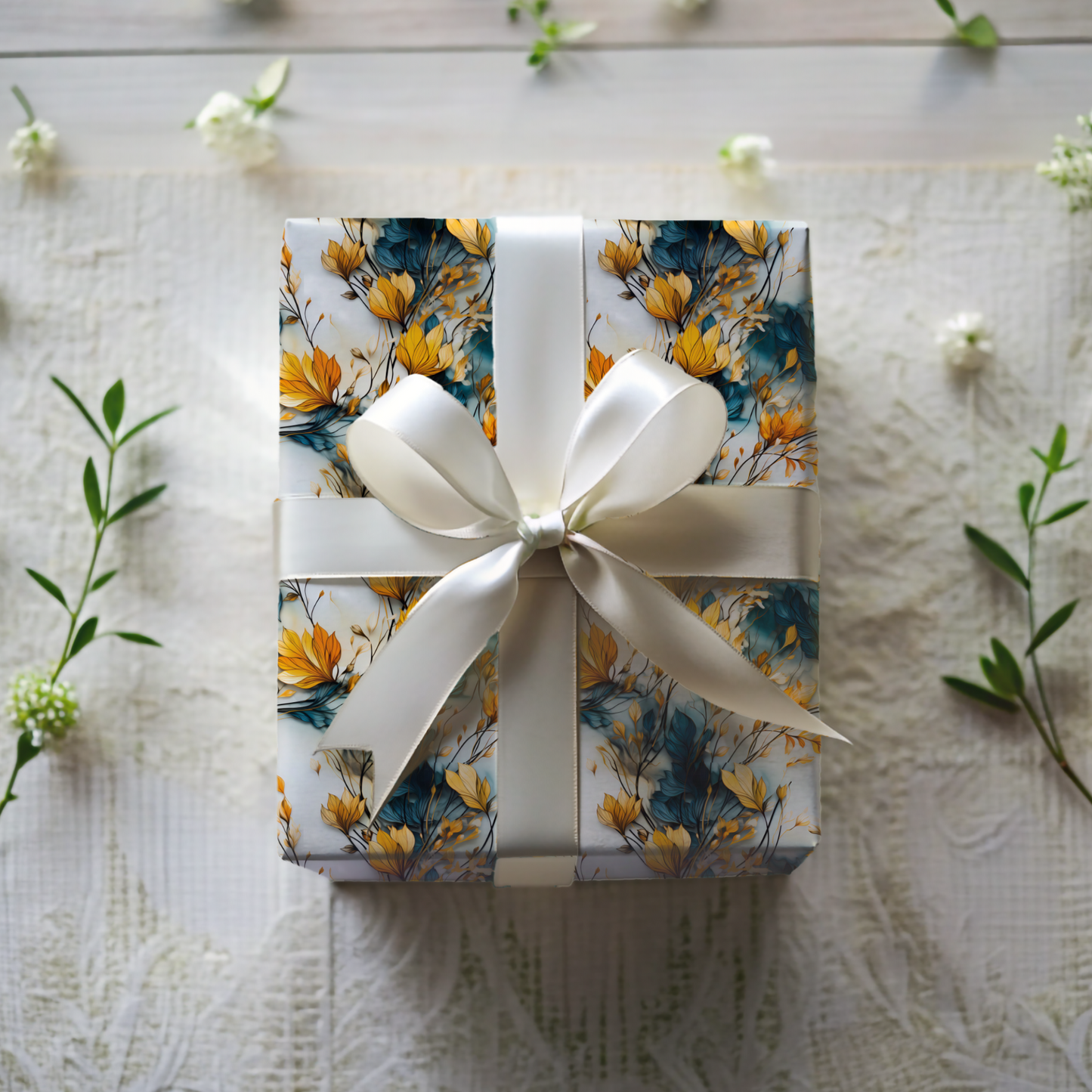 Yellow Teal and White Floral Gift Wrap Paper